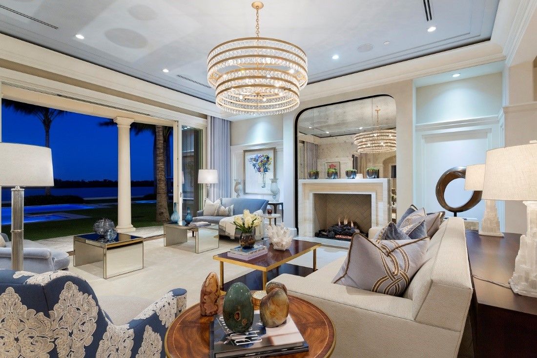 Luxury Living Room with Chandelier and Ocean View