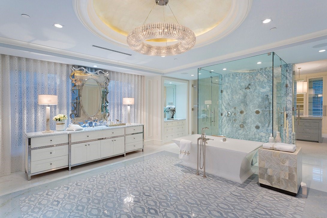 marc-michaels elegant contemporary interior design bathroom with chandelier