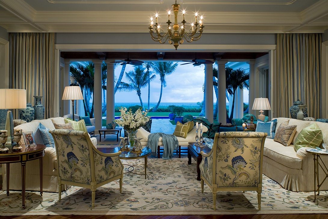 traditional tropical luxury living room with palm trees